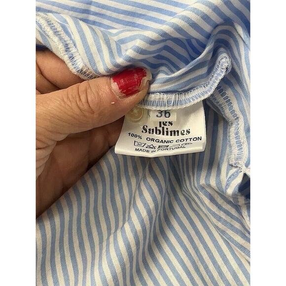 Les Sublimes Collarless Blue White Striped Button Down Organic Cotton 36 US 4 - Picture 4 of 4